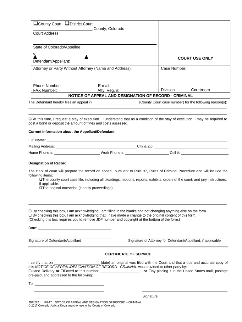 Notice of Appeal and Designation of Record Criminal Colorado  Form