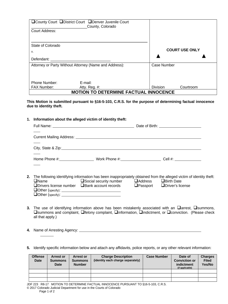 Motion to Determine Factual Innocence Colorado  Form