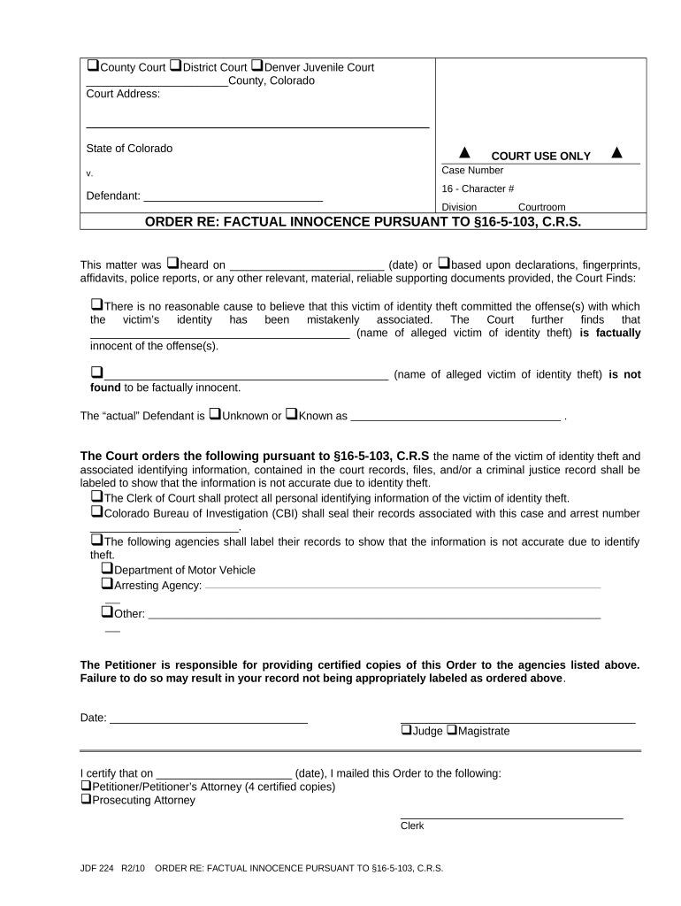 Order Regarding Factual Innocence Colorado  Form