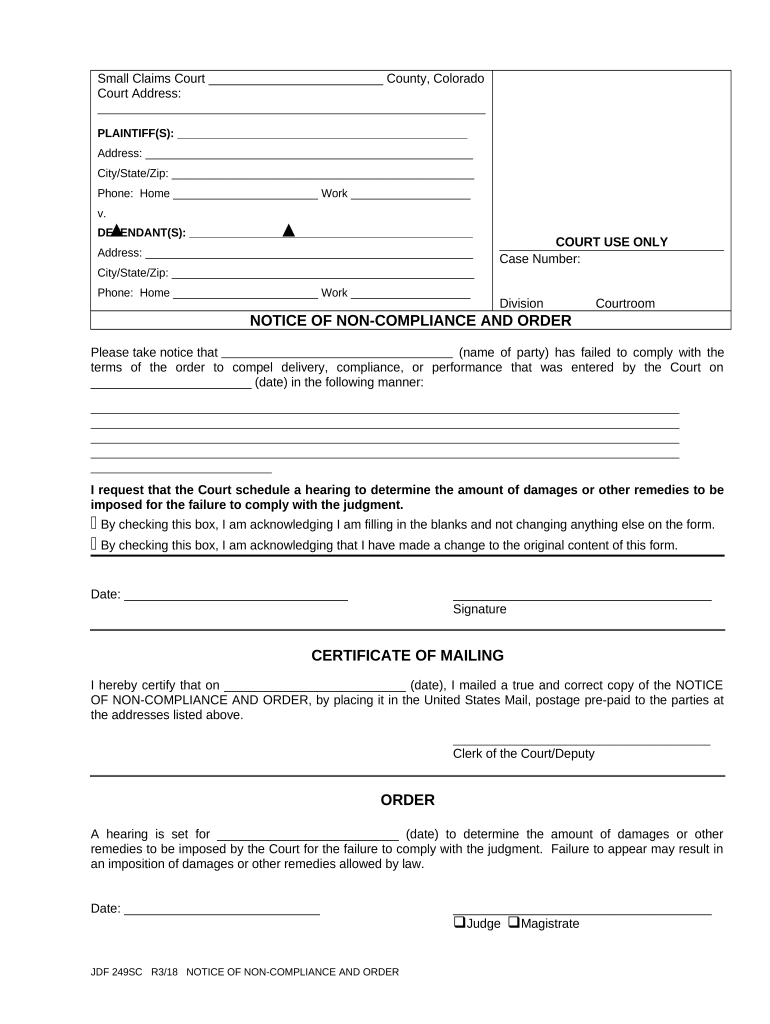 Notice of Noncompliance and Order Colorado  Form
