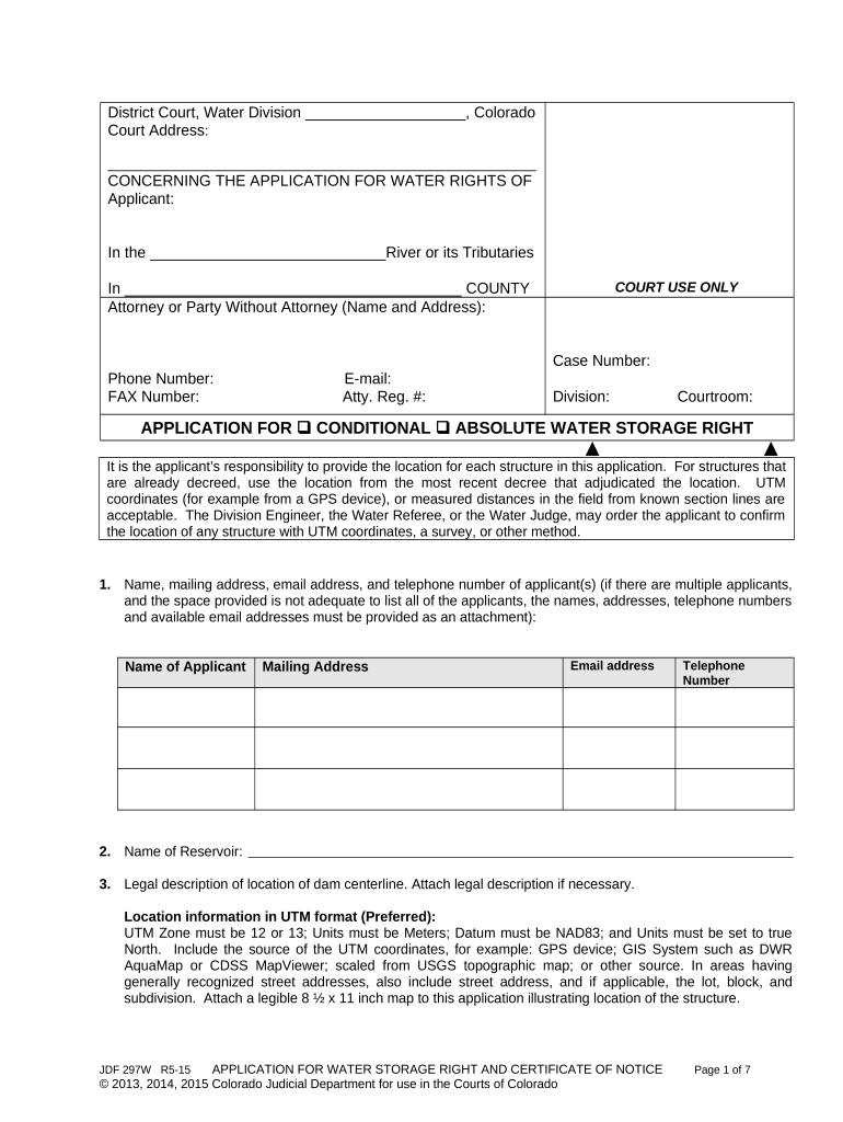 Application for Water Storage Right Colorado  Form