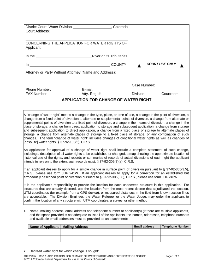 Application for Change of Water Right Colorado  Form