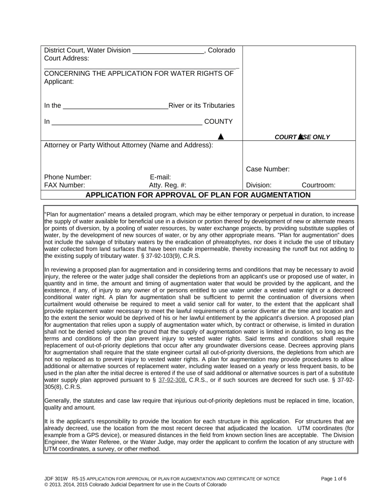 Application for Approval of Plan for Augmentation Colorado  Form