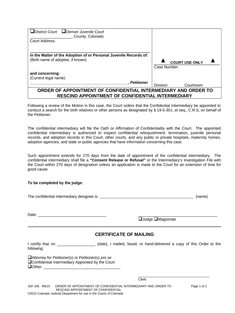 Order of Appointment of Confidential Intermediary Colorado  Form