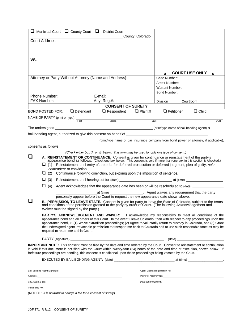 Colorado Consent Surety  Form