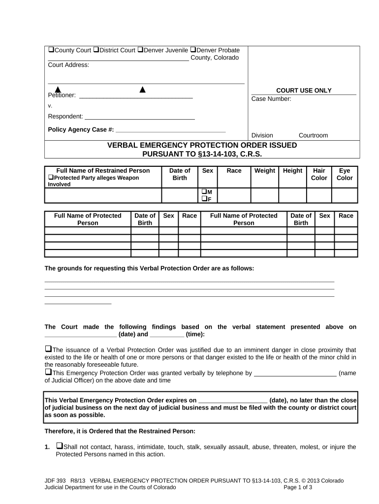 Verbal Emergency Protection Order Issued Pursuant to Section 13 14 103, C R S Colorado  Form