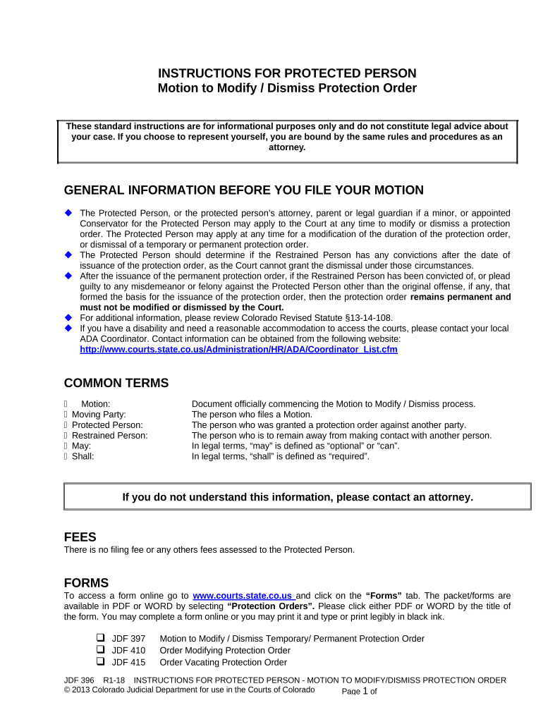 Instructions for Protected Person Motion to Modify Dismiss Protection Order Colorado  Form