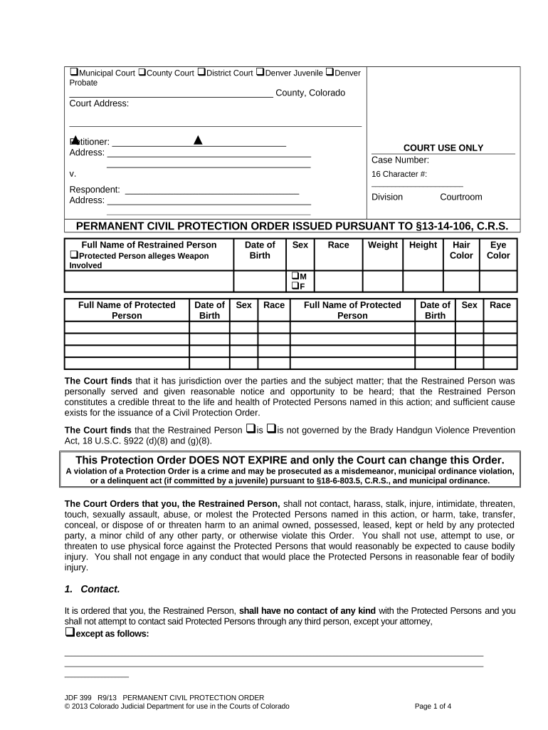 Civil Restraining Order Colorado  Form