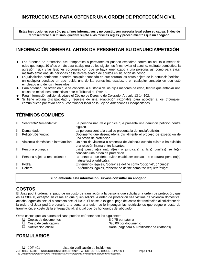 Instructions for Obtaining a Civil Protection Order Spanish Colorado  Form