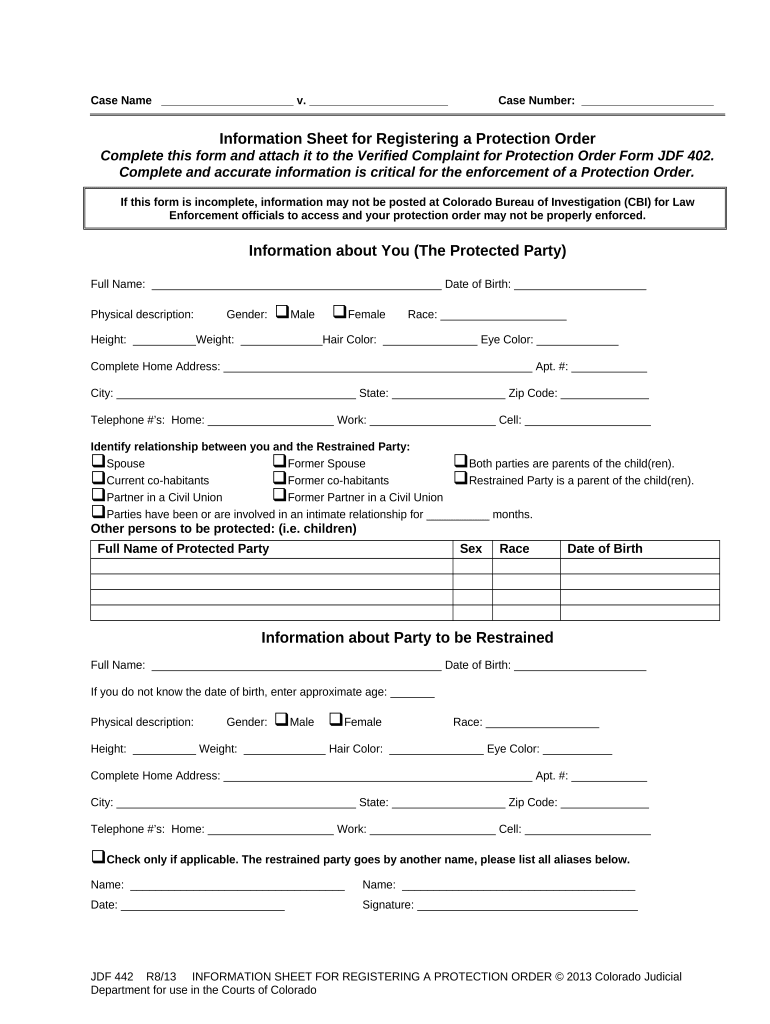 Sheet Restraining Order  Form