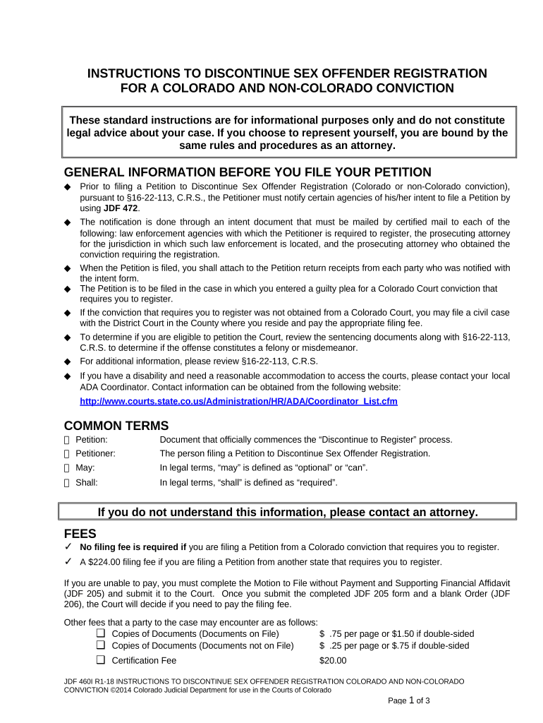 Instructions to Discontinue Sex Offender Registration for a Colorado and Non Colorado Conviction Colorado  Form