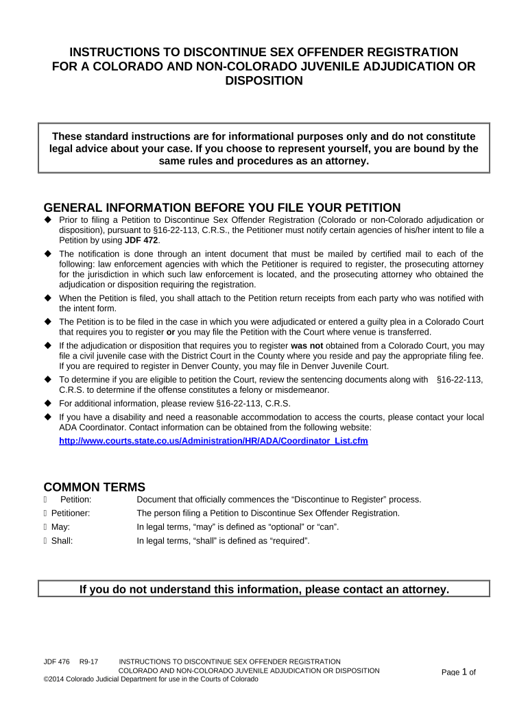 Instructions to Discontinue Sex Offender Registration for a Colorado and Non Colorado Conviction Juvenile Adjudication or Dispos  Form