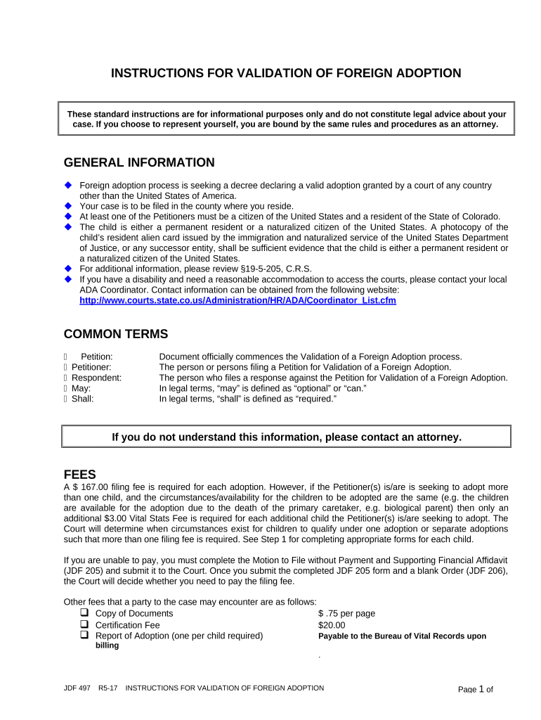 Instructions for Validation of Foreign Adoption Colorado  Form