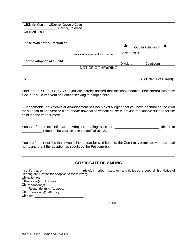 Colorado Notice Hearing  Form