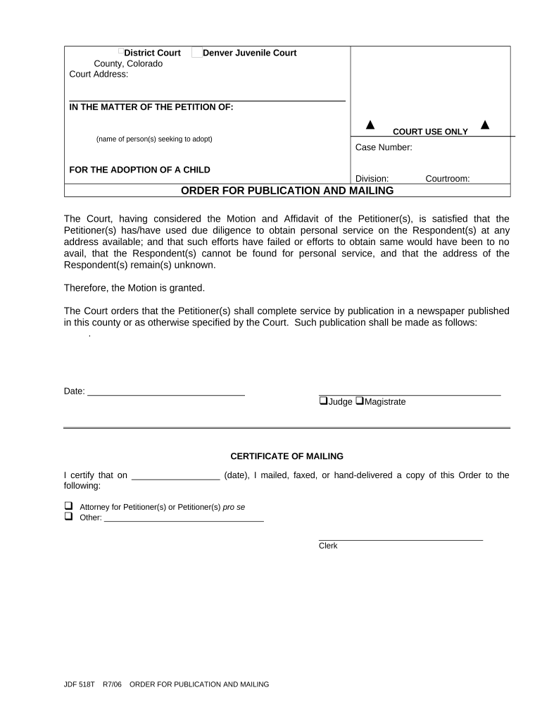 Order for Publication and Mailing Colorado  Form