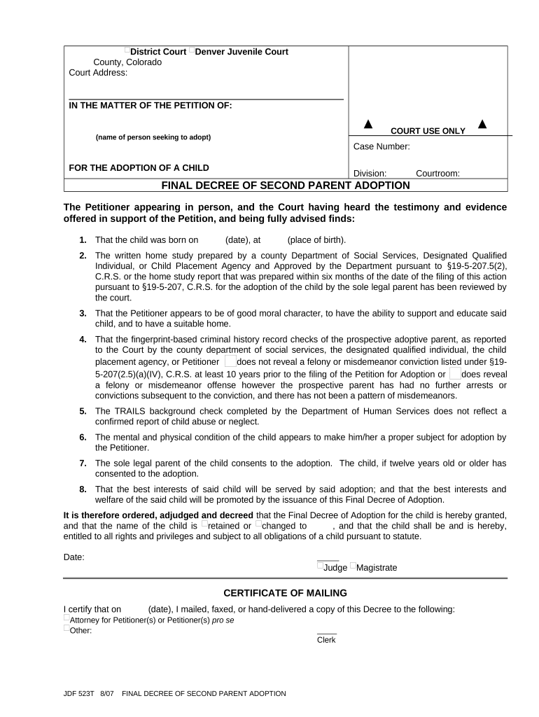 Final Decree of Second Parent Adoption Colorado  Form