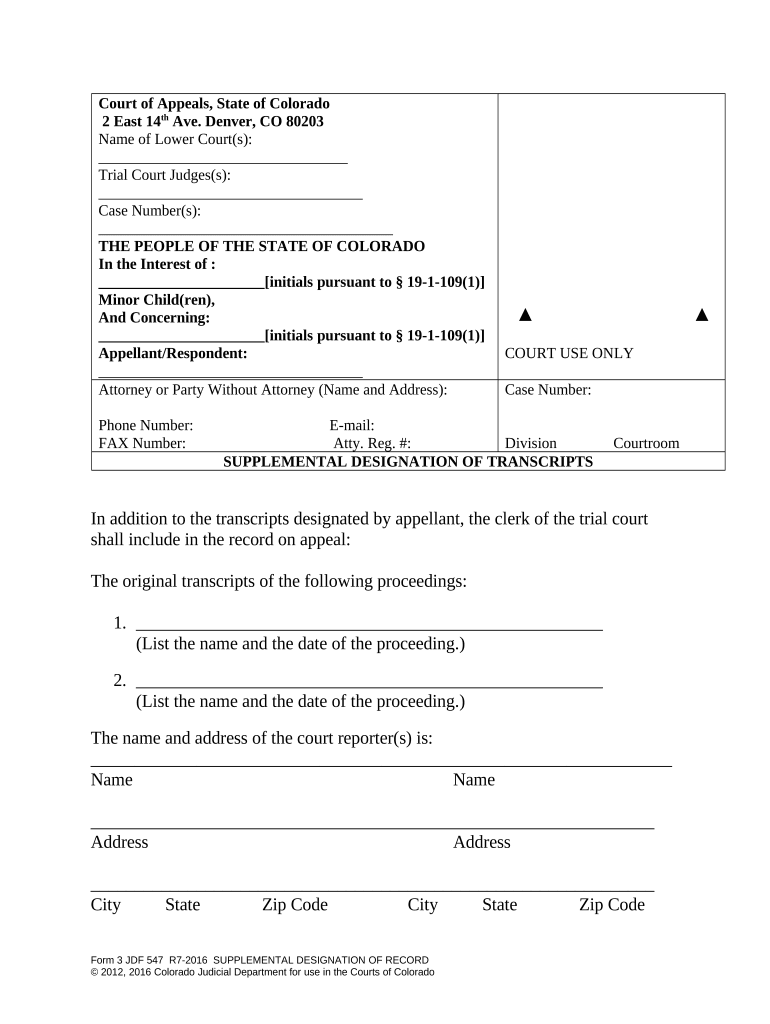Supplemental Designation of Record Colorado  Form
