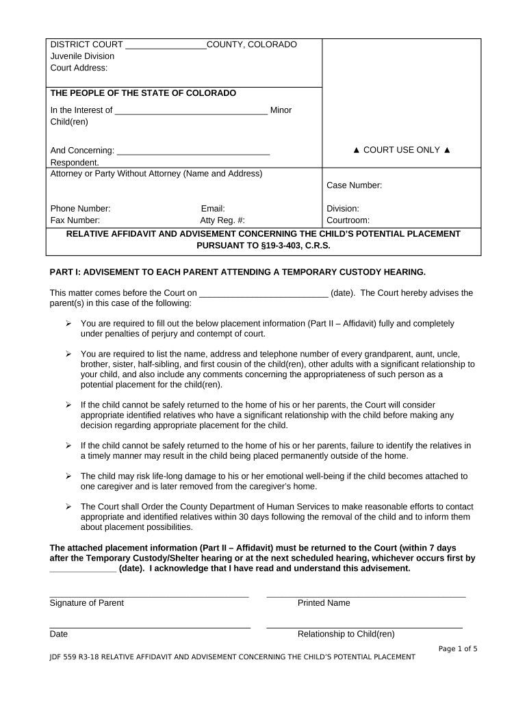 Affidavit and Advisement Concerning the Child's Potential Placement Colorado  Form