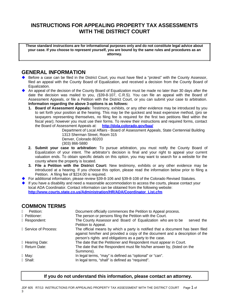 Instructions for Appealing Property Tax Assessments with the District Court Colorado  Form