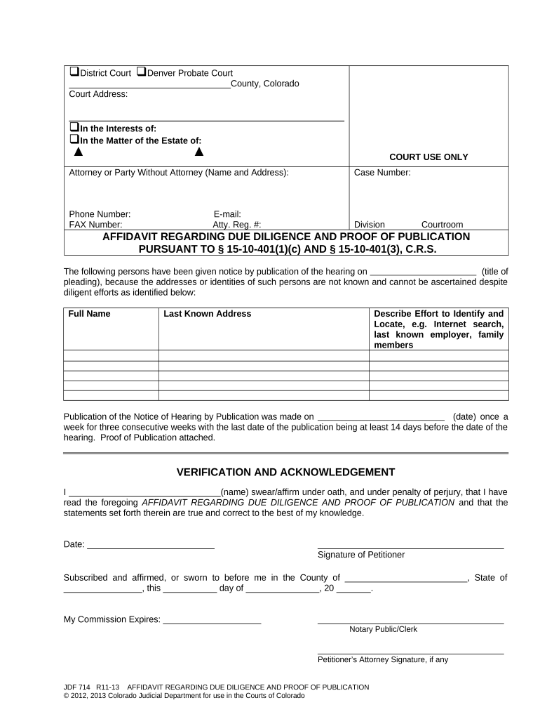 Affidavit Regarding Due Diligence and Proof of Publication Colorado  Form