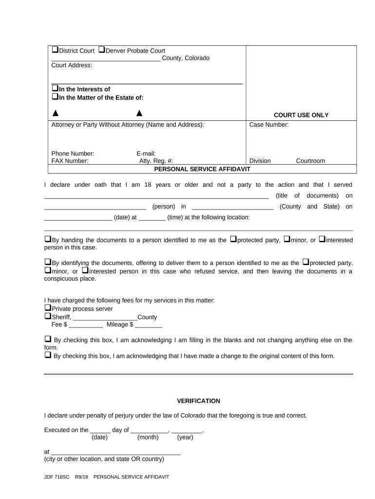 Personal Service Affidavit Colorado  Form