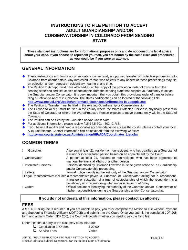 Instructions to File Petition to Accept Adult Guardianship AndOr Conservatorship from Sending State Colorado  Form