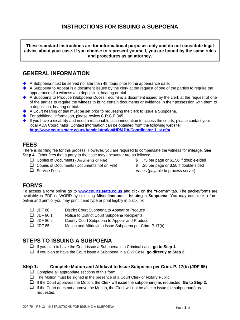 Instructions for Issuing a Subpoena Colorado  Form