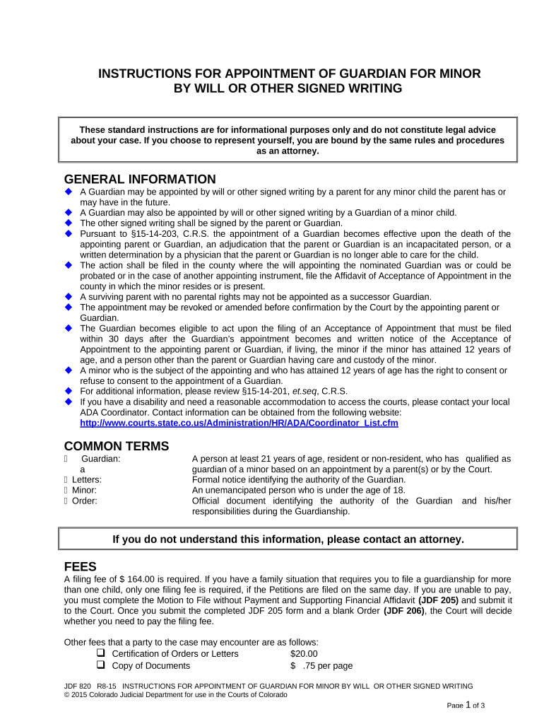 Instructions for Appointment of Guardian for Minor by Will or Other Signed Writing Colorado  Form