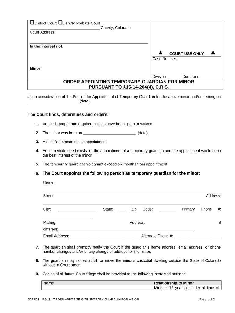 Order Appointing Temporary Guardian for Minor Colorado  Form