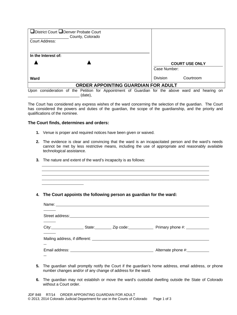 Order Appointing Guardian for Adult Colorado  Form