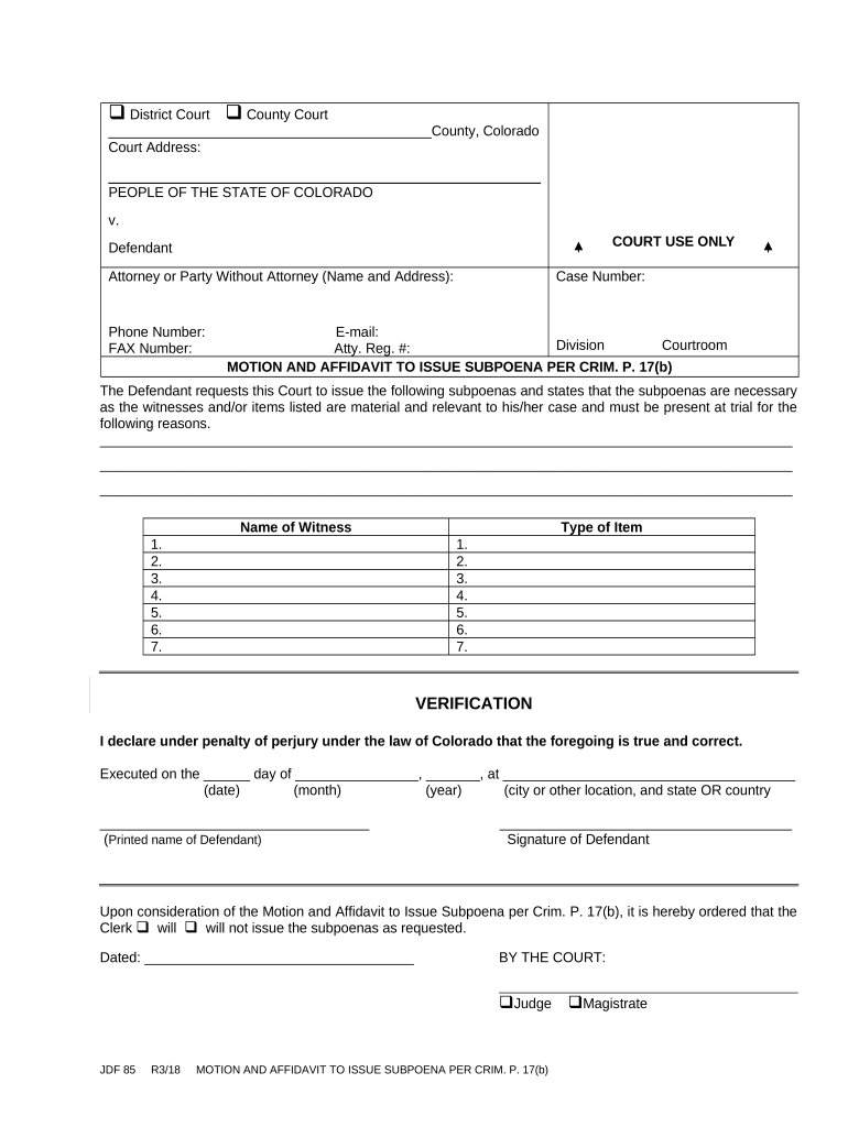 Colorado Subpoena  Form