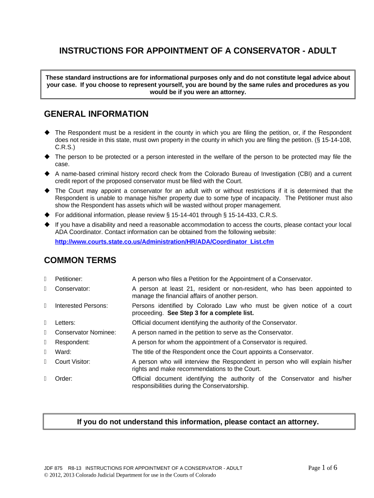 Instructions for Appointment of a Conservator Adult Colorado  Form