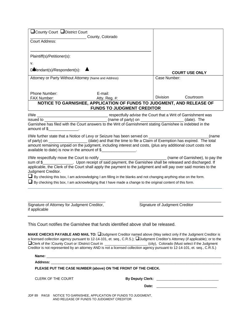 Motion and Order to Pay in Funds Colorado  Form