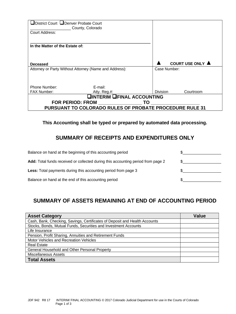 Summary of Receipts and Expenditures Only Colorado  Form