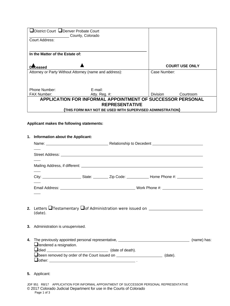 Application for Informal Appointment of Successor Personal Representative Colorado
