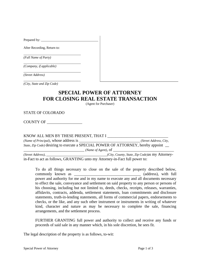 Special or Limited Power of Attorney for Real Estate Purchase Transaction by Purchaser Colorado Form