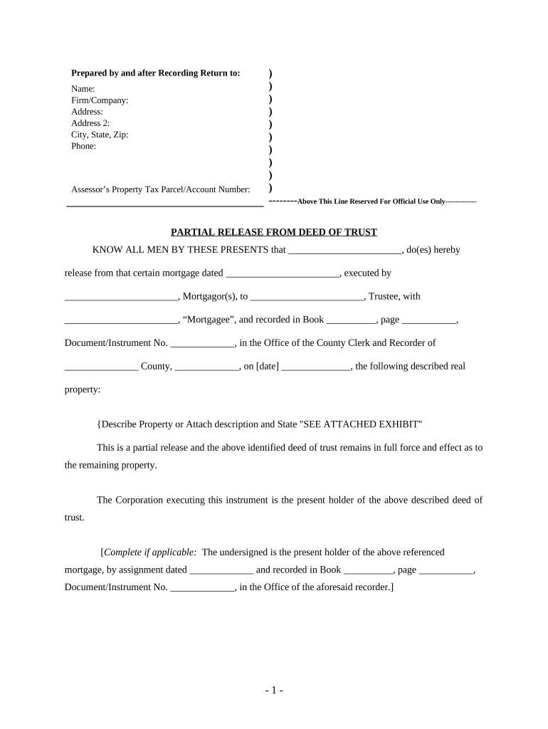 Partial Release of Property from Deed of Trust for Corporation Colorado  Form
