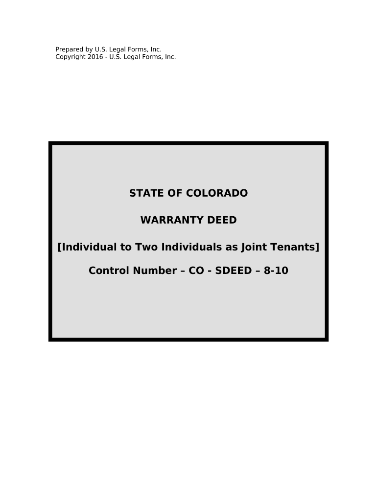 Warranty Deed from Individual to Two Individuals as Joint Tenants Colorado  Form