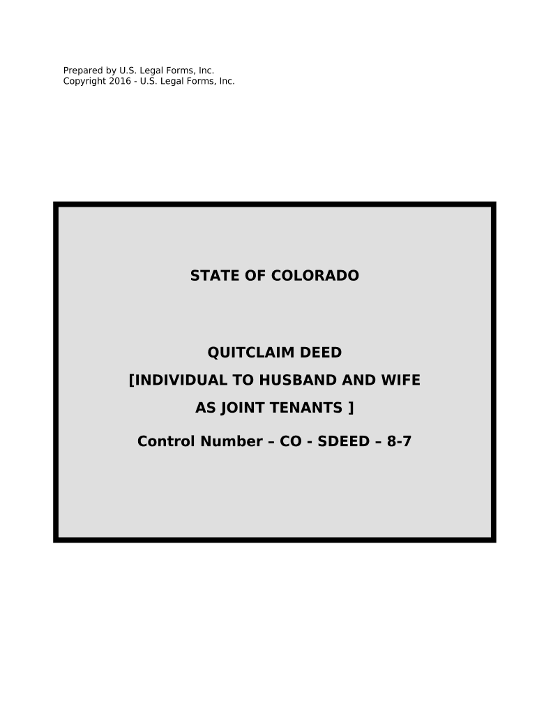 Quitclaim Deed for Individual to Husband and Wife as Joint Tenants Colorado  Form