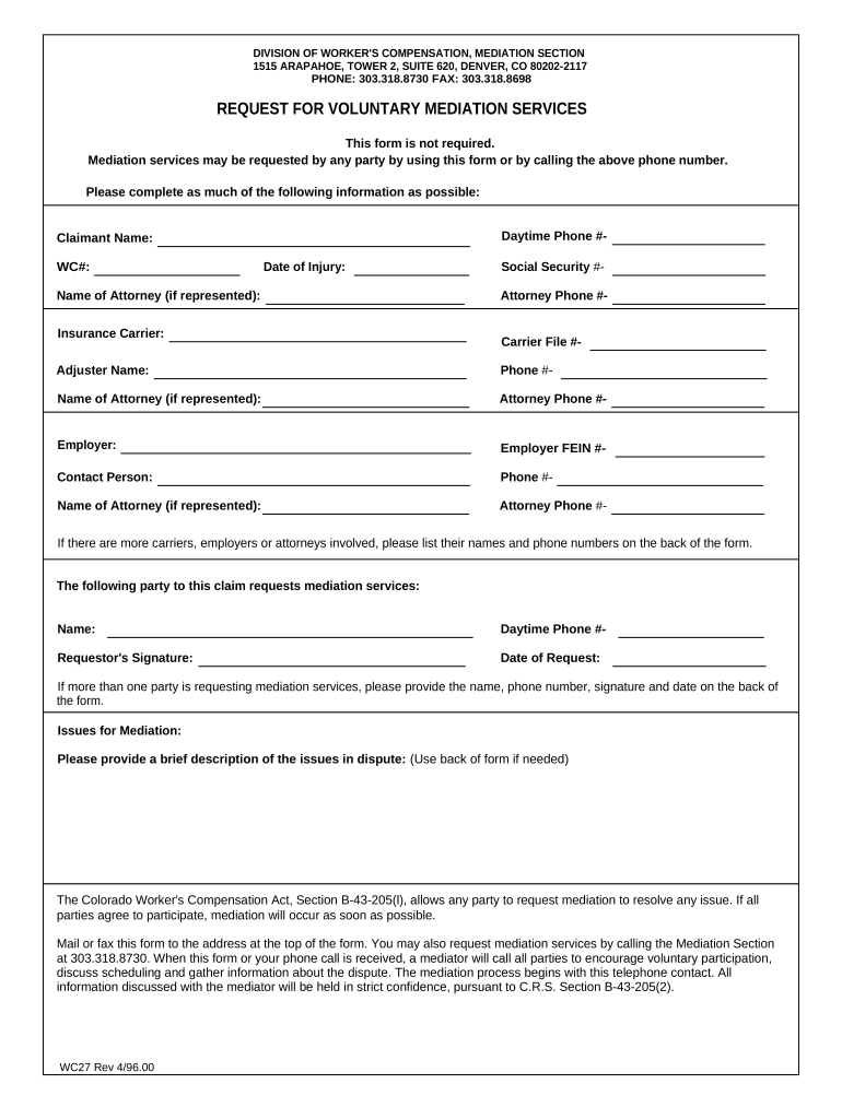Request for Voluntary Mediation for Workers' Compensation Colorado  Form