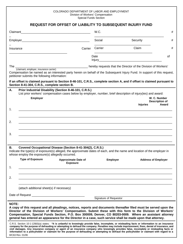 Request for Offset of Liability for Workers' Compensation Colorado  Form