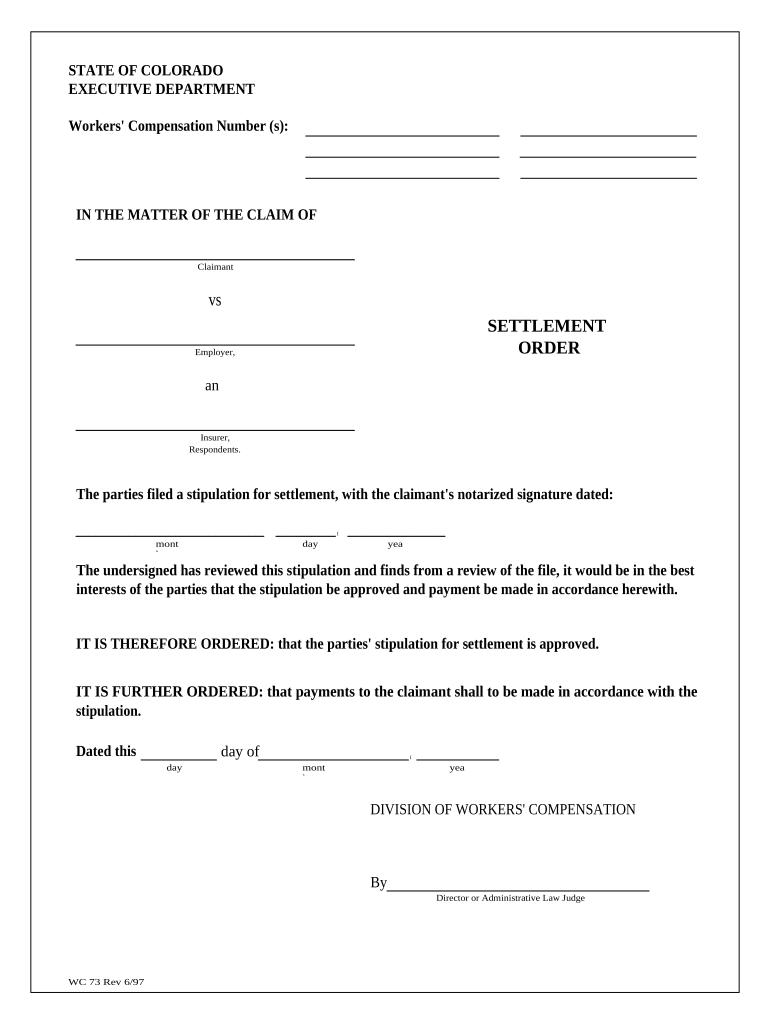 Settlement Order for Workers' Compensation Colorado  Form