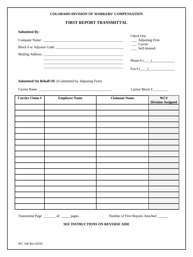 First Report Transmittal for Workers' Compensation Colorado  Form