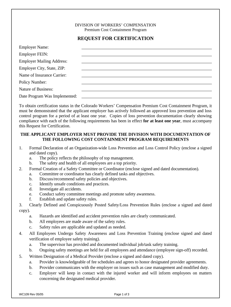 Request for Certification for Workers' Compensation Colorado  Form