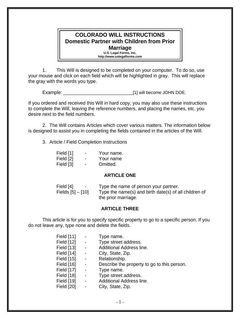 Legal Last Will and Testament for Domestic Partner with Minor Children from Prior Marriage Colorado  Form