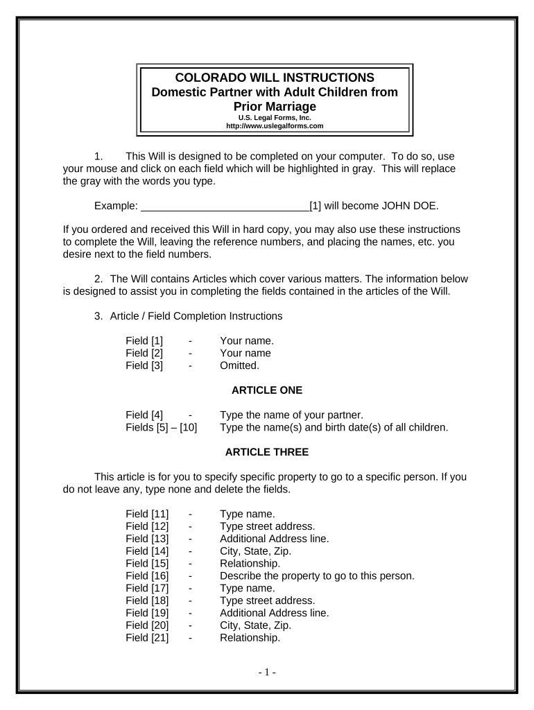 Legal Last Will and Testament Form for Domestic Partner with Adult Children from Prior Marriage Colorado