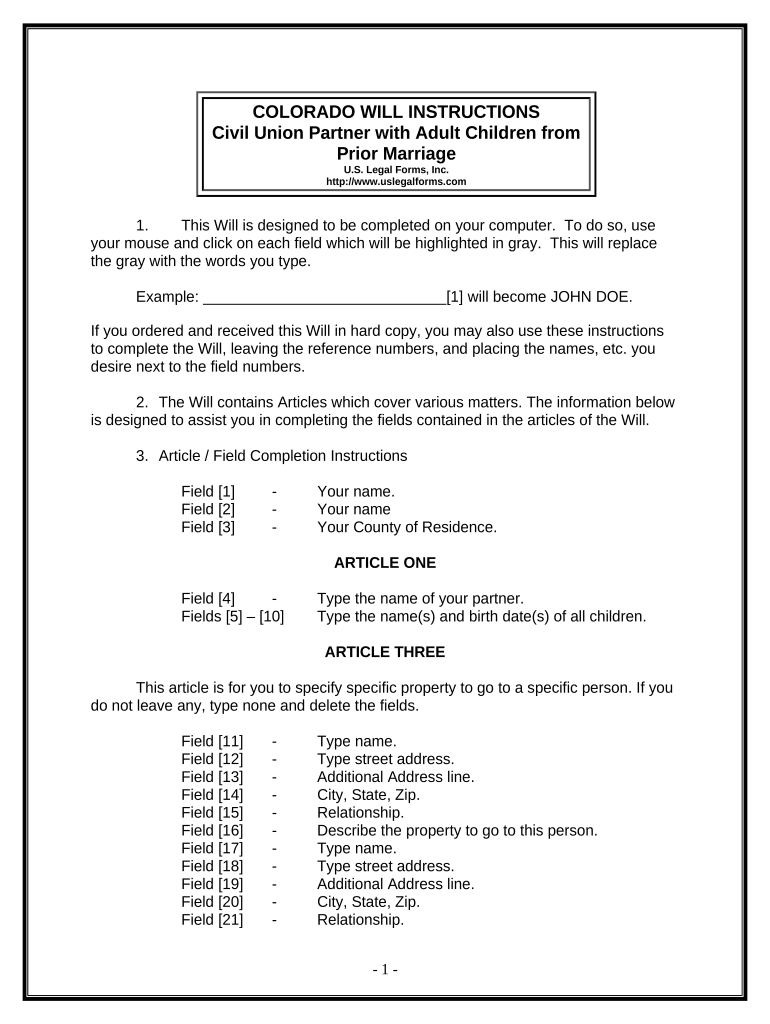 Legal Last Will and Testament Form for Civil Union Partner with Adult Children from Prior Marriage Colorado