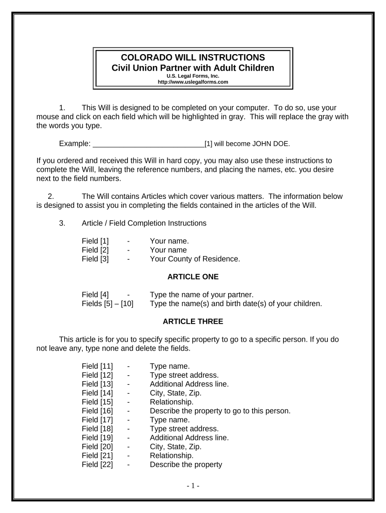 Legal Last Will and Testament Form for Civil Union Partner with Adult Children Colorado