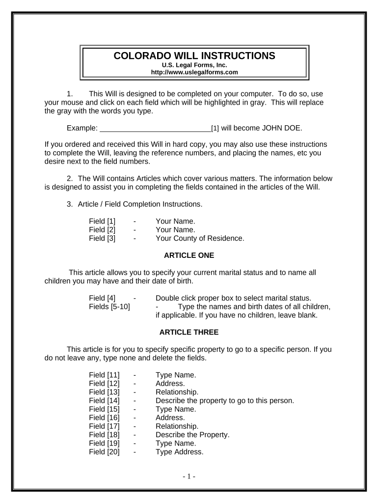 Last Will and Testament for Other Persons Colorado  Form