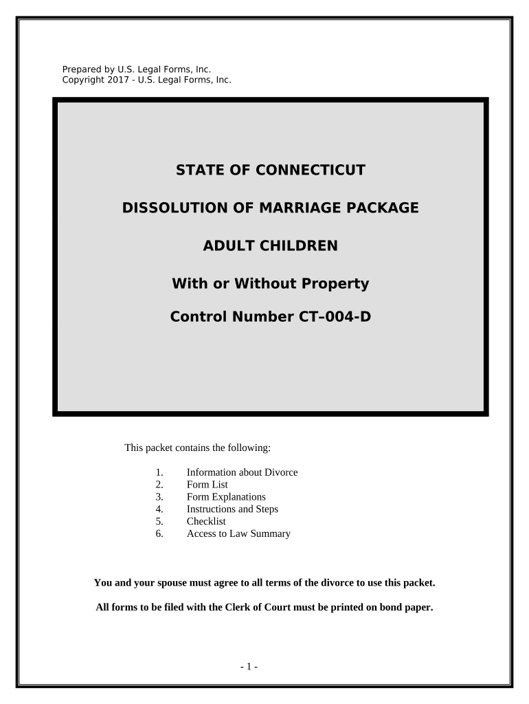 No Fault Uncontested Agreed Divorce Package for Dissolution of Marriage with Adult Children and with or Without Property and Deb  Form